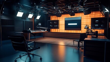 Poster - An empty broadcast studio set up with an on-air indicator visible on the wall, sleek studio chairs, and a desk with broadcasting equipment, illuminated by spotlights.