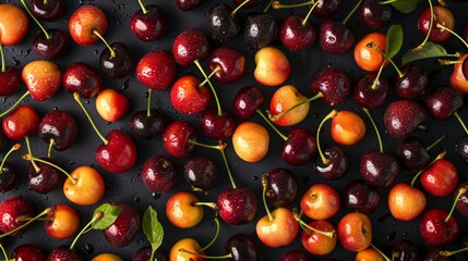 Poster - An enticing background featuring cherries with varying degrees of ripeness, creating a visually appealing and colorful pattern