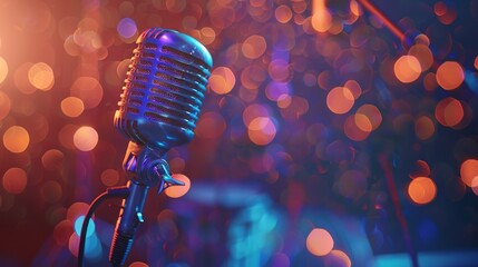 Aufkleber - Antique microphone on stage with glowing bokeh lights