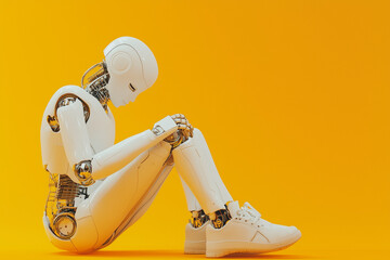 White robot sitting isolated on an orange background looking down