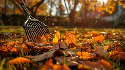 Aufkleber - Autumn leaves and rake on a lawn