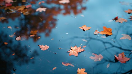 Aufkleber - Autumn leaves floating on a calm lake surface