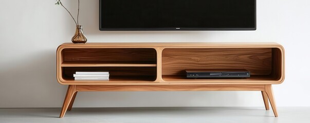 A sleek wooden TV stand with two compartments, elegantly designed, supporting a flat-screen television against a minimalist wall.