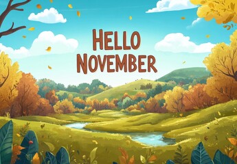 Poster - A beautiful landscape with trees and hills in the background, with text 