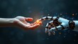 © SagorKundu - A Human helping hand Robot digital version, Touching virtual world, touch the finger of human on a dark blue background, artificial intelligence technology