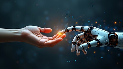 a human helping hand robot digital version, touching virtual world, touch the finger of human on a d