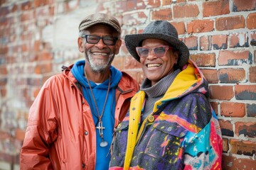 Wall Mural - Portrait of a glad multiethnic couple in their 60s wearing a vibrant raincoat isolated on vintage brick wall