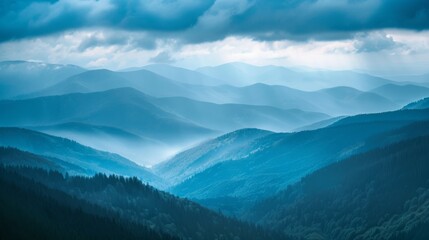 Poster - Breathtaking view of layered mountain forests under a cloudy sky