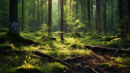 Aufkleber - Bright green grass glowing in the evening sun in a dense forest