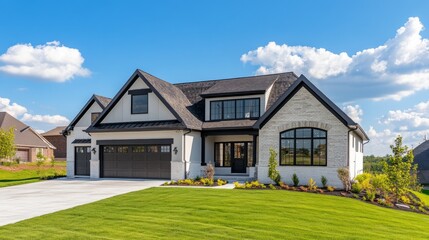 Poster - A large house with a white exterior and black trim