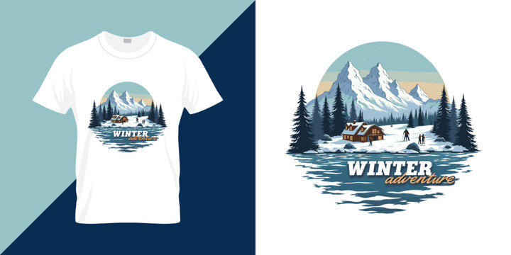 Winter Wonderland Adventure typography t shirt design. Winter t shirt design.  mountain landscape outdoor activity vector illustration. 