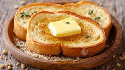 Aufkleber - Toast with Butter and Herbs on Wooden Plate