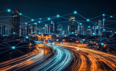 Aufkleber - Futuristic cityscape with digital lines and light trails, representing the next wave of urban tech innovation. 