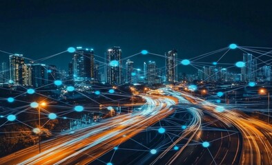Aufkleber - Futuristic cityscape with digital lines and light trails, representing the next wave of urban tech innovation. 