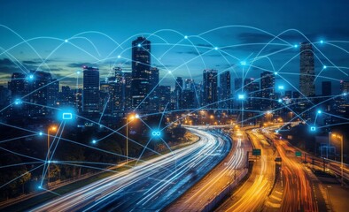 Aufkleber - Futuristic cityscape with digital lines and light trails, representing the next wave of urban tech innovation. 