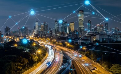 Aufkleber - Futuristic cityscape with digital lines and light trails, representing the next wave of urban tech innovation. 