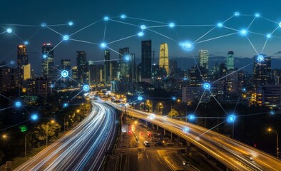 Aufkleber - Futuristic cityscape with digital lines and light trails, representing the next wave of urban tech innovation. 