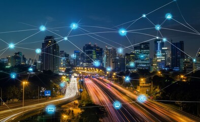 Aufkleber - Futuristic cityscape with digital lines and light trails, representing the next wave of urban tech innovation. 