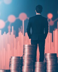 A businessman standing on a stack of coins with a financial chart in the background.