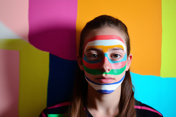 Against a backdrop of bright geometric shapes, a girl proudly displays her boldly painted face, showcasing the intersection of youth and art. Generative AI