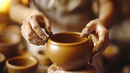 A potter is holding a clay pot in his hands