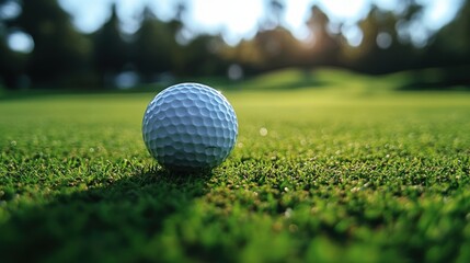 Close-up of a golf ball resting on the green, early morning light, outdoor sport, golfing scene, focus on ball, nature and competition, peaceful golf course