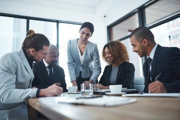Aufkleber - Business, people and happy at office with explaining for project results, report and feedback as market research analyst. Corporate, employees and meeting with discussion, insight and updates