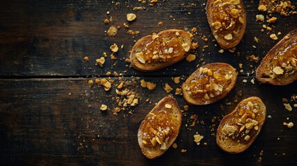 Poster - Crunchy Toasts with Honey and Nuts on Wooden Table