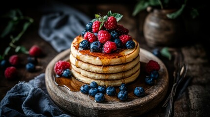 Wall Mural - Delicious Stack of Pancakes with Berries and Syrup