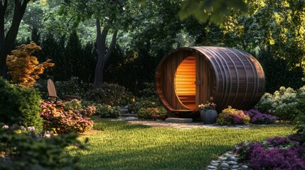 Poster - A small wooden barrel with a door is sitting in a lush green garden