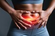 © Rahul - woman having painful lower stomach and hands holding pressing her crotch lower abdomen, Generative AI
