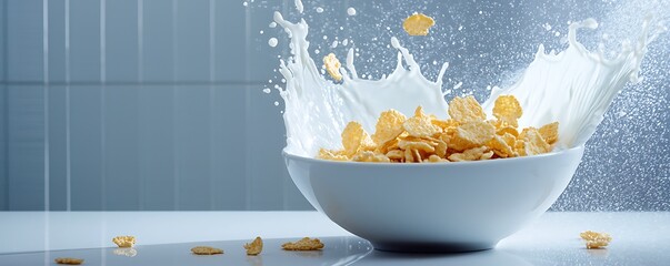 Milk Splash: Cornflakes with a dramatic splash of milk in a white bowl against a clean backdrop.