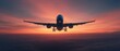 Airplane flying against a vibrant sunset sky, silhouette view.