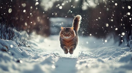 playful cat frolicking in a snowy landscape, with fluffy fur and gentle snowflakes falling around, capturing a moment of joy and exploration in a winter wonderland