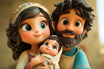 Cute 3d cartoon portrait of Virgin Mary and St. Joseph with baby Jesus in their arms Christmas theme