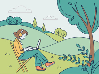 Vector illustration of a girl sitting on a chair with a laptop in a landscape style 