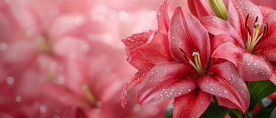 Poster - Delicate lilies with water droplets glistening on the petals backlit by the warm natural sunlight creating a serene and ethereal scene in the garden