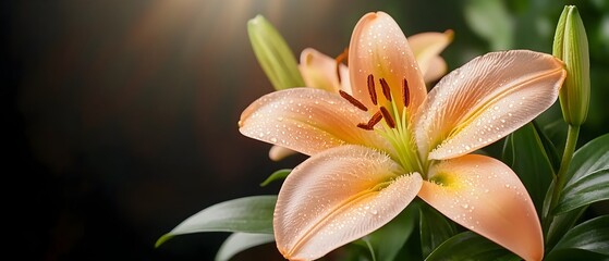 Aufkleber - Ethereal closeup of delicate lilies with glistening water droplets on the petals backlit by soft natural sunlight creating a serene and captivating floral scene