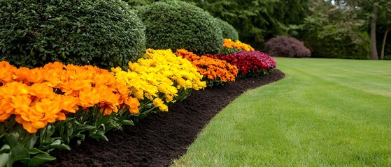 Poster - A stunning and colorful garden scene featuring a diverse array of vibrant tulips in a rainbow of hues arranged in a beautiful and breathtaking garden landscape