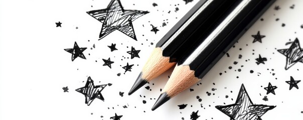 Two black pencils drawing stars on white paper