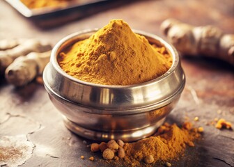 Vibrant Turmeric Powder in Metal Bowl  generative ai