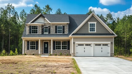 Poster - A large house with a white garage door and a black front door