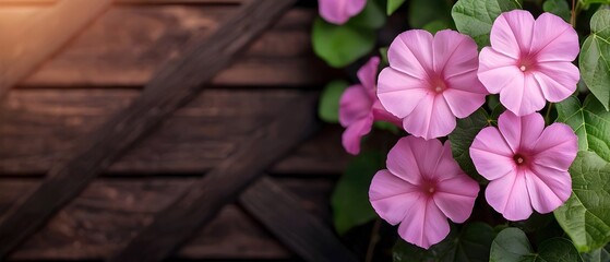 Aufkleber - Vibrant and colorful morning glory flowers climbing up a garden trellis creating a lush and tranquil outdoor scene bathed in warm sunlight
