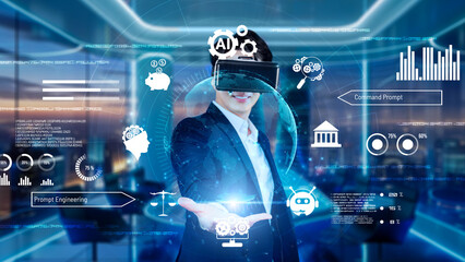 Poster - smart project manager holding at ai chat hologram and wearing headset at modern office. professional