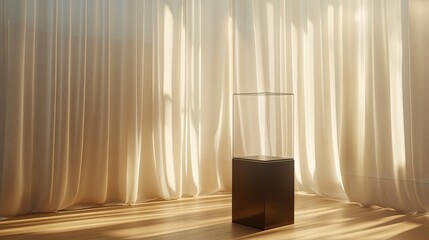 Leinwandbilder - Minimalist pedestal with display case in front of light curtains, creating an airy, sunlit aesthetic. Elegant and modern setting.