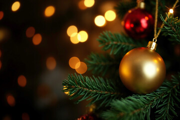 Close-up of a golden Christmas ornament hanging on a green tree branch with a warm, blurred background of festive lights, evoking holiday spirit and celebration