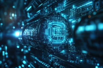 Poster - Futuristic technology in a data center with glowing circuits and a core processor at night