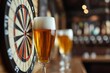 © Sebelas Studio - A dartboard and glasses of beer in a cozy pub setting.