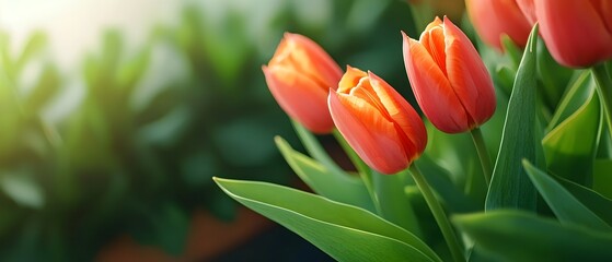Poster - Stunning sunlit tulips in a beautiful and lush spring garden showcasing the vibrant colors and blooming flowers of the season