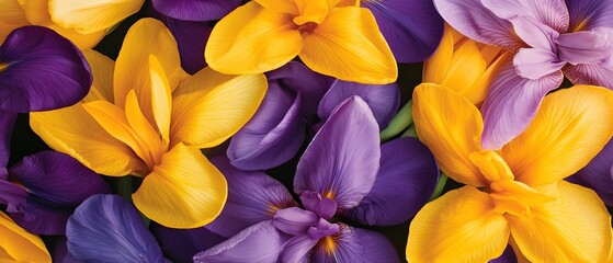 Poster - Stunning Close Up of Lush Vibrant Purple and Yellow Iris Flowers in Full Bloom Showcasing the Intricate Floral Details and Textures